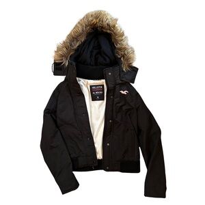 Black Hollister Winter Jacket with Faux Fur Hood & Fleece Interior